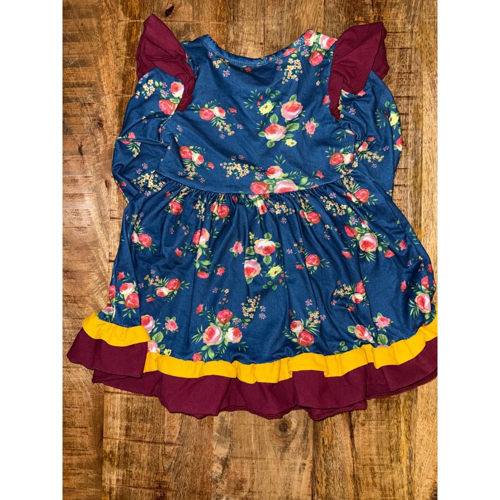 Girls Navy Blue Floral Long Sleeve Ruffle Hem Dress XS Burgundy Mustard Accent - Picture 4 of 5